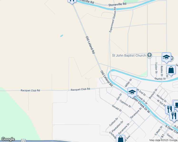 map of restaurants, bars, coffee shops, grocery stores, and more near North Deer Creek Drive West in Leland