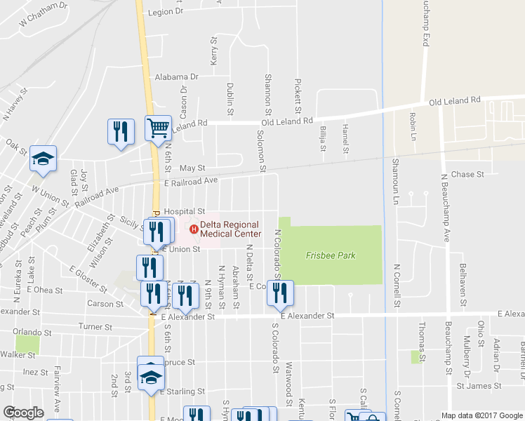 map of restaurants, bars, coffee shops, grocery stores, and more near 1748 Hospital Street in Greenville