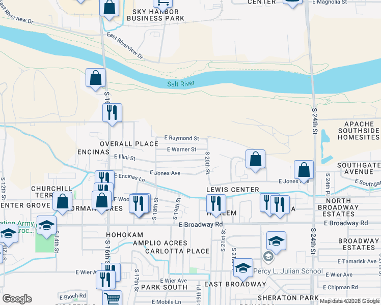 map of restaurants, bars, coffee shops, grocery stores, and more near 1936 East Warner Street in Phoenix