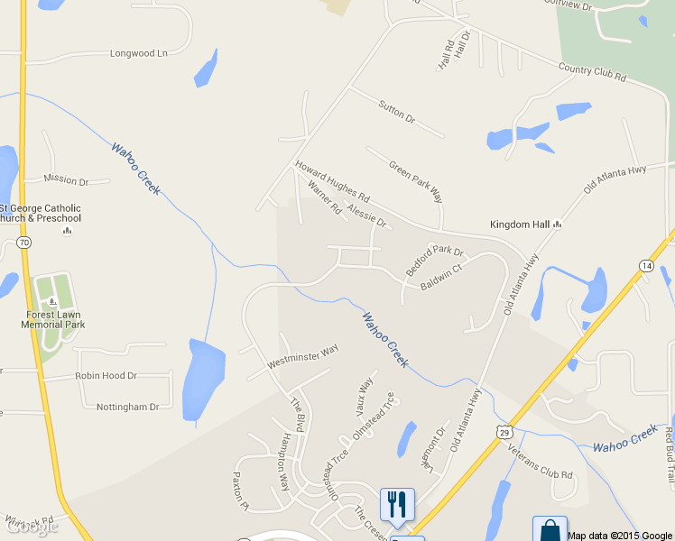 map of restaurants, bars, coffee shops, grocery stores, and more near 565 The Boulevard in Newnan