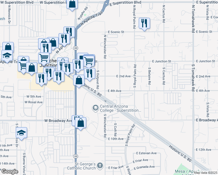 map of restaurants, bars, coffee shops, grocery stores, and more near 295 South Winchester Road in Apache Junction