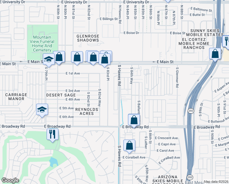 map of restaurants, bars, coffee shops, grocery stores, and more near 119 South 93rd Place in Mesa