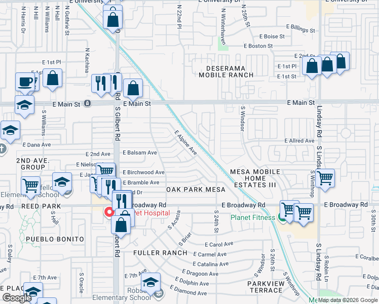 map of restaurants, bars, coffee shops, grocery stores, and more near 2165 Consolidated in Mesa