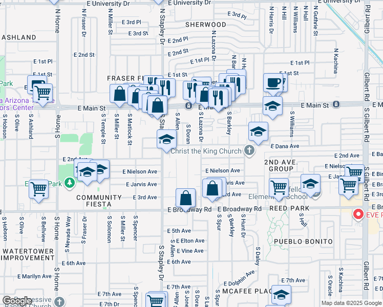 map of restaurants, bars, coffee shops, grocery stores, and more near 126 South Lazona Drive in Mesa