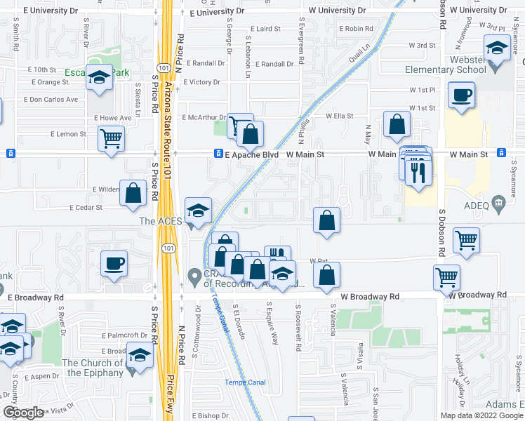 map of restaurants, bars, coffee shops, grocery stores, and more near 150 South Roosevelt Road in Mesa