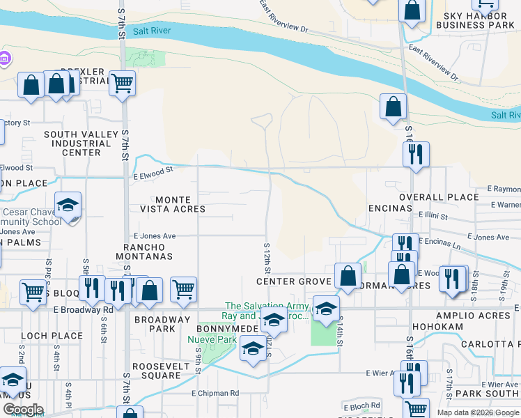 map of restaurants, bars, coffee shops, grocery stores, and more near 3624 South 12th Street in Phoenix
