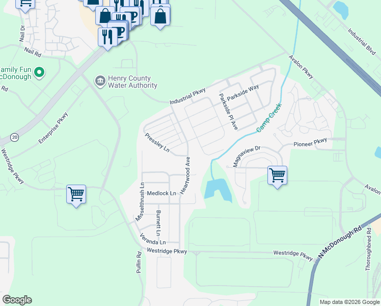 map of restaurants, bars, coffee shops, grocery stores, and more near 1239 Heartwood Avenue in McDonough