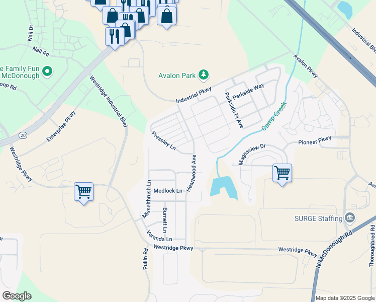 map of restaurants, bars, coffee shops, grocery stores, and more near 1591 Pressley Lane in McDonough