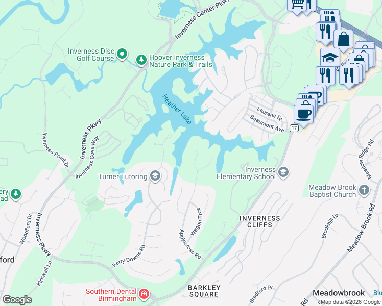 map of restaurants, bars, coffee shops, grocery stores, and more near 5002 Applecross Road in Birmingham