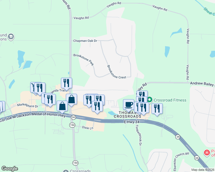 map of restaurants, bars, coffee shops, grocery stores, and more near 225 Brookstone Crest in Newnan