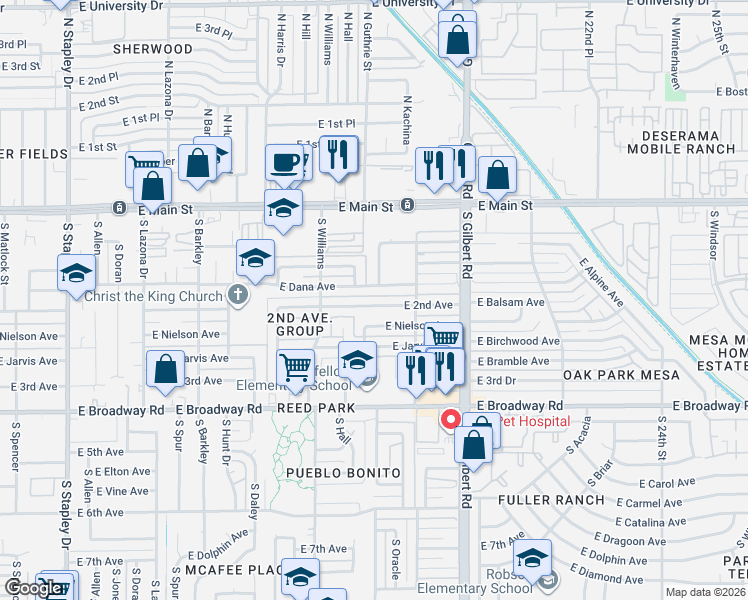 map of restaurants, bars, coffee shops, grocery stores, and more near 1806 East Dana Avenue in Mesa