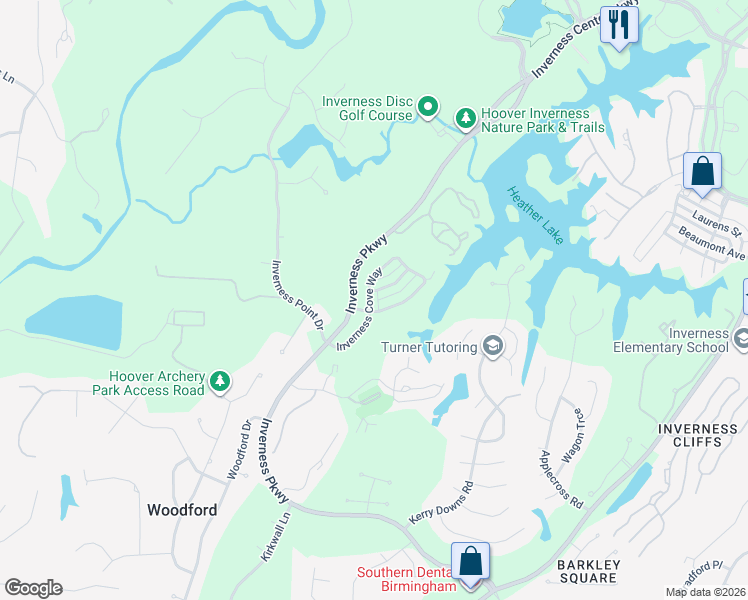 map of restaurants, bars, coffee shops, grocery stores, and more near 1532 Inverness Cove Lane in Birmingham