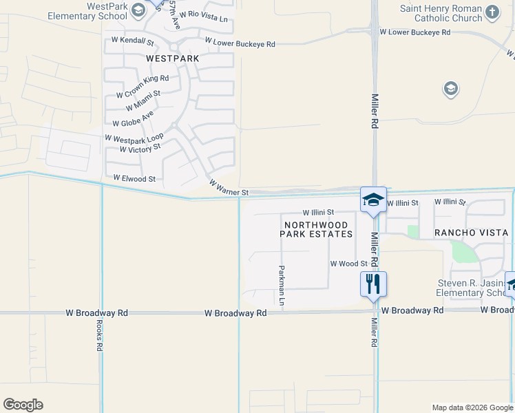 map of restaurants, bars, coffee shops, grocery stores, and more near 25414 West Illini Street in Buckeye
