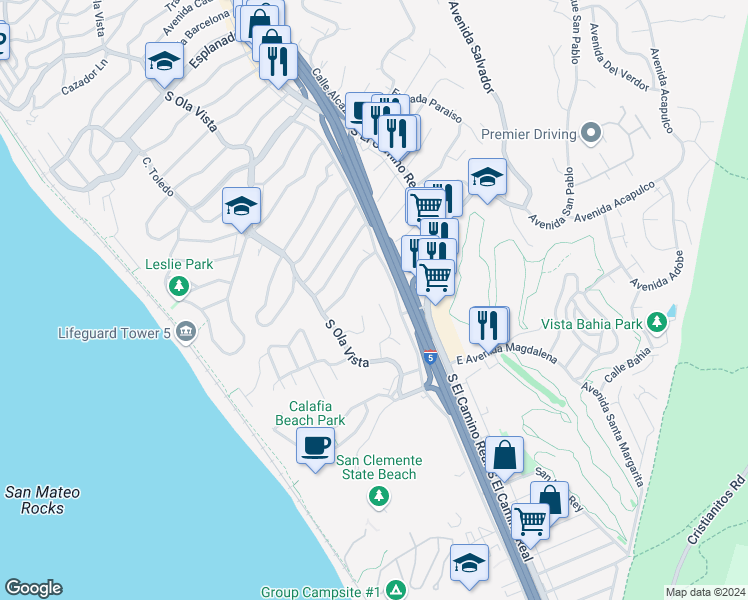 map of restaurants, bars, coffee shops, grocery stores, and more near 129 Calle Del Pacifico in San Clemente