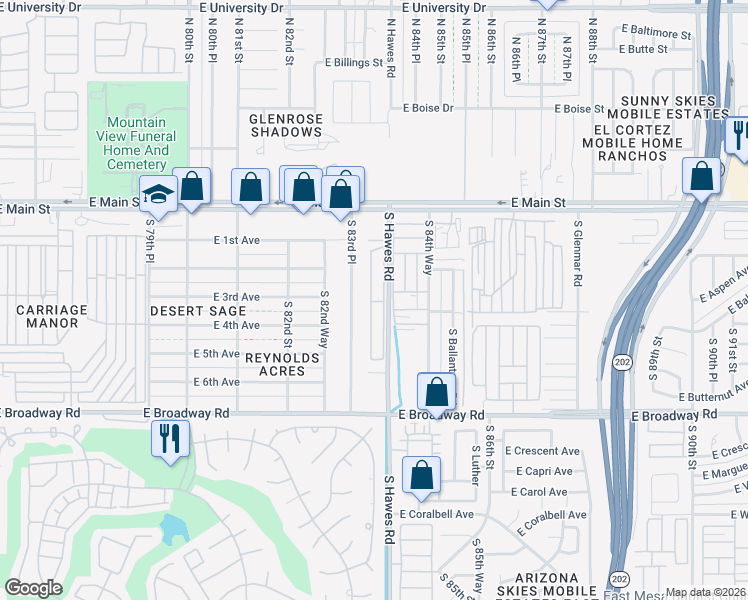map of restaurants, bars, coffee shops, grocery stores, and more near 119 South 93rd Place in Mesa