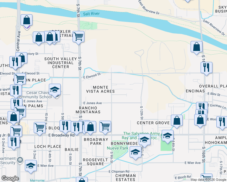 map of restaurants, bars, coffee shops, grocery stores, and more near 3654 South 9th Street in Phoenix