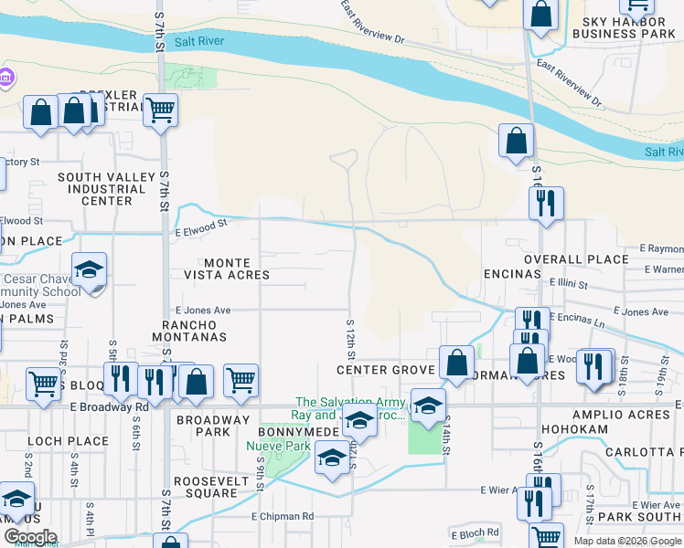 map of restaurants, bars, coffee shops, grocery stores, and more near 3624 South 12th Street in Phoenix