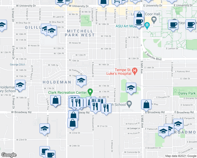 map of restaurants, bars, coffee shops, grocery stores, and more near 530 West 16th Street in Tempe