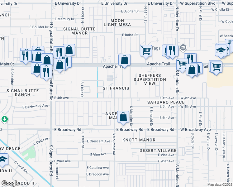 map of restaurants, bars, coffee shops, grocery stores, and more near 11140 East 4th Avenue in Apache Junction