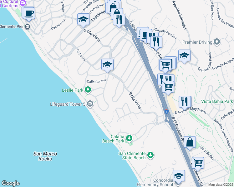 map of restaurants, bars, coffee shops, grocery stores, and more near 225 West Avenida San Antonio in San Clemente