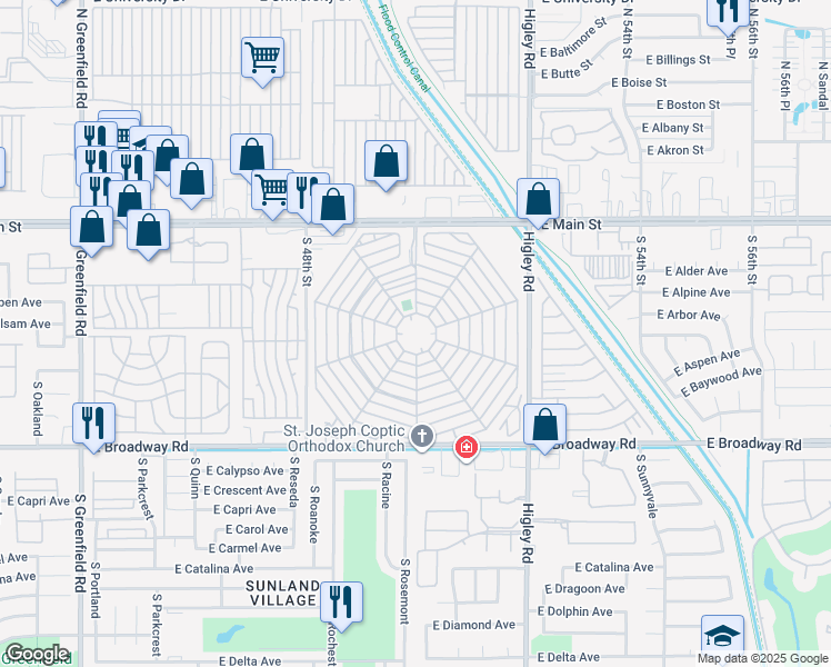 map of restaurants, bars, coffee shops, grocery stores, and more near 5001 East Main Street in Mesa