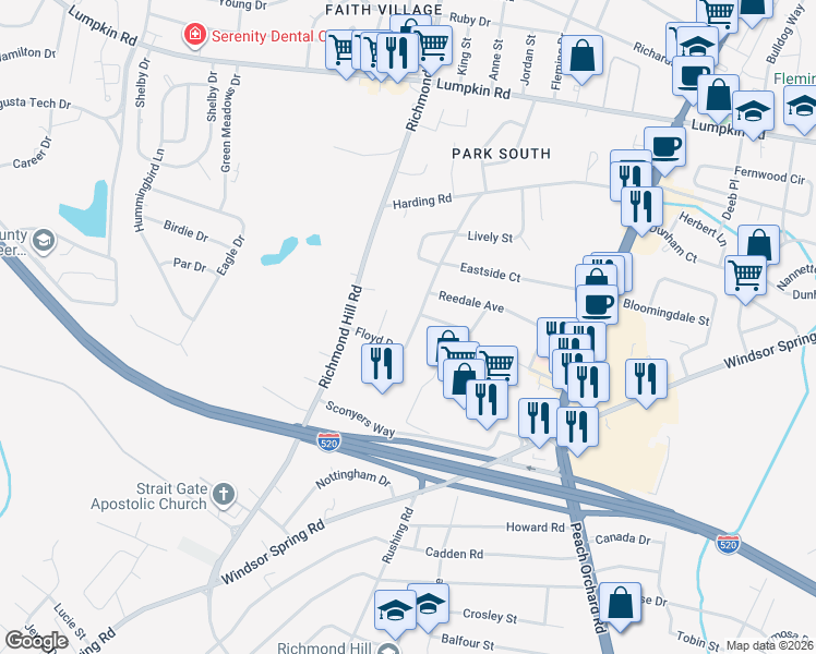 map of restaurants, bars, coffee shops, grocery stores, and more near 3154 Windy Hill Drive in Augusta