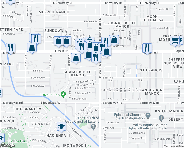 map of restaurants, bars, coffee shops, grocery stores, and more near 10724 East Ananea Avenue in Mesa