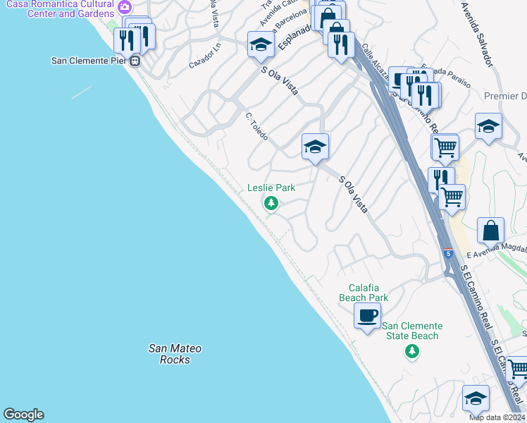 map of restaurants, bars, coffee shops, grocery stores, and more near 1820 Calle De Los Alamos in San Clemente