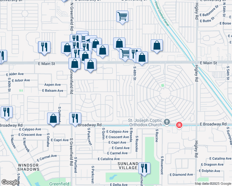 map of restaurants, bars, coffee shops, grocery stores, and more near Kelly Lane in Mesa