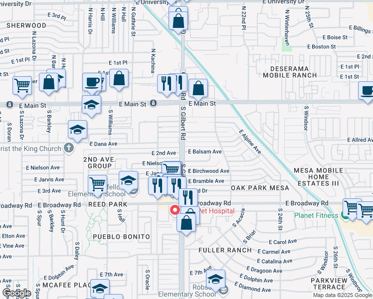 map of restaurants, bars, coffee shops, grocery stores, and more near 2023 East Aspen Avenue in Mesa