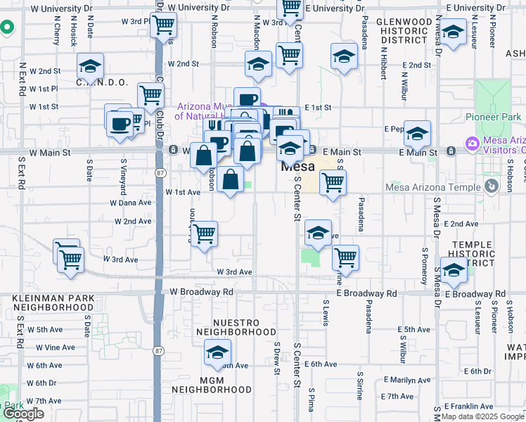 map of restaurants, bars, coffee shops, grocery stores, and more near 107 South Macdonald in Mesa