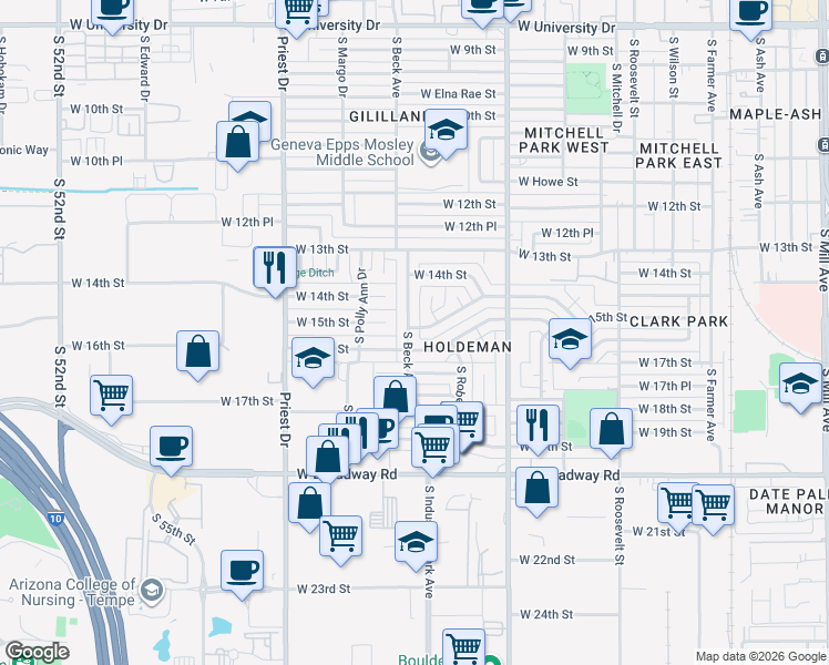 map of restaurants, bars, coffee shops, grocery stores, and more near 1016 West Parkway Boulevard in Tempe
