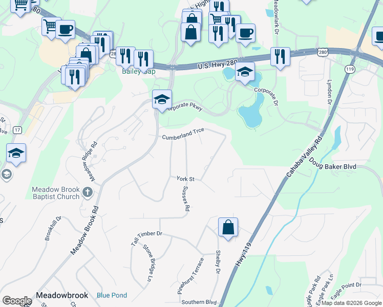 map of restaurants, bars, coffee shops, grocery stores, and more near 4904 Sussex Road in Birmingham
