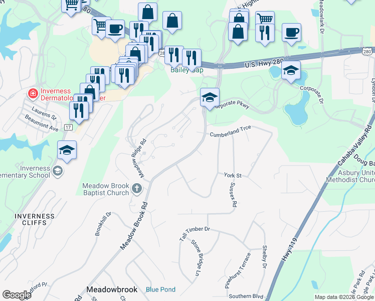 map of restaurants, bars, coffee shops, grocery stores, and more near 4932 Meadow Brook Road in Birmingham