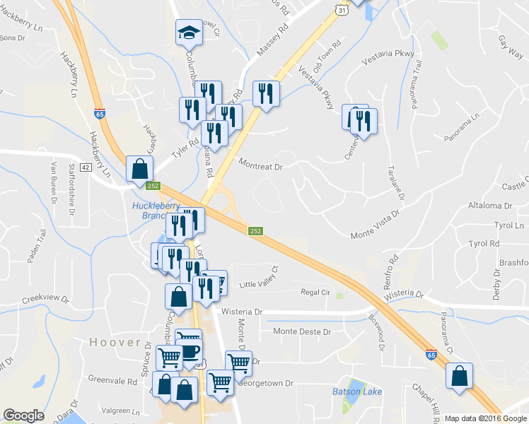 map of restaurants, bars, coffee shops, grocery stores, and more near 2079 Montreat Circle in Vestavia Hills