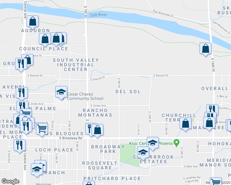 map of restaurants, bars, coffee shops, grocery stores, and more near 3806 South 9th Street in Phoenix