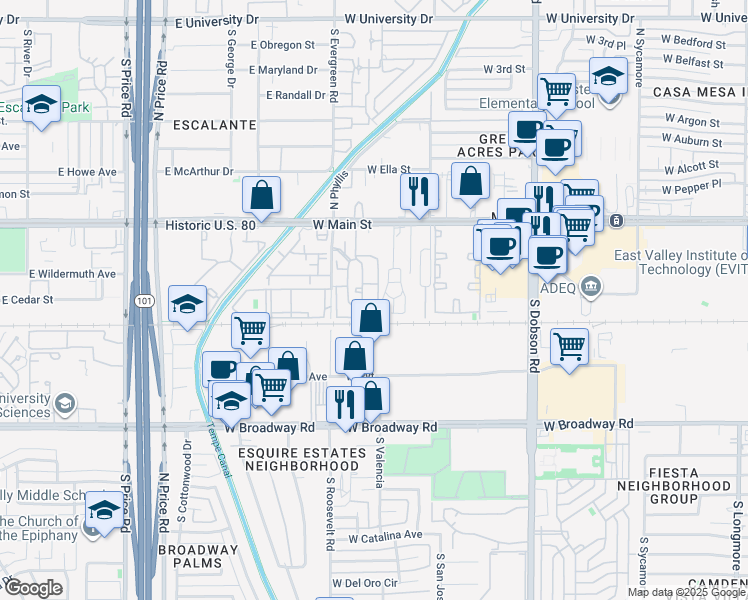 map of restaurants, bars, coffee shops, grocery stores, and more near 2343 West Main Street in Mesa