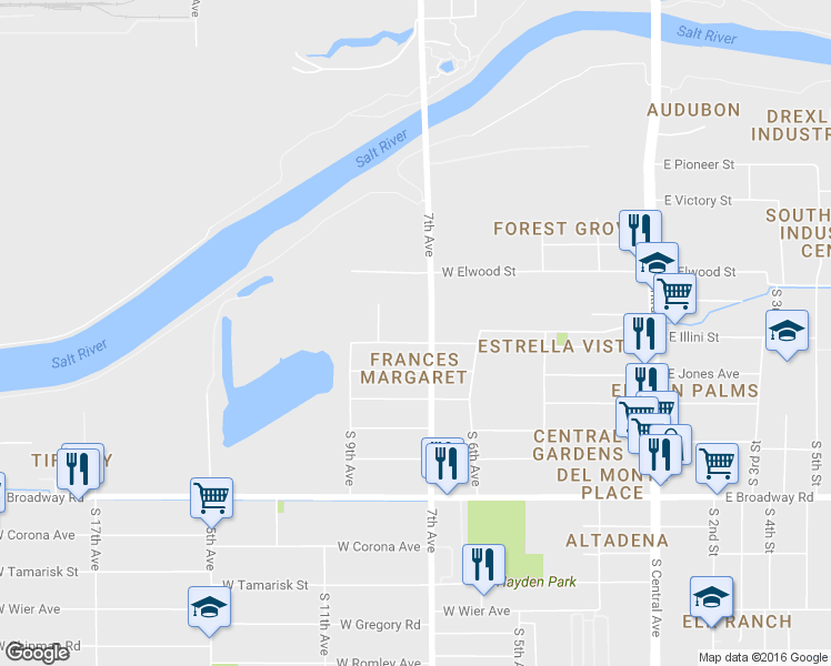 map of restaurants, bars, coffee shops, grocery stores, and more near 3736 South 7th Avenue in Phoenix