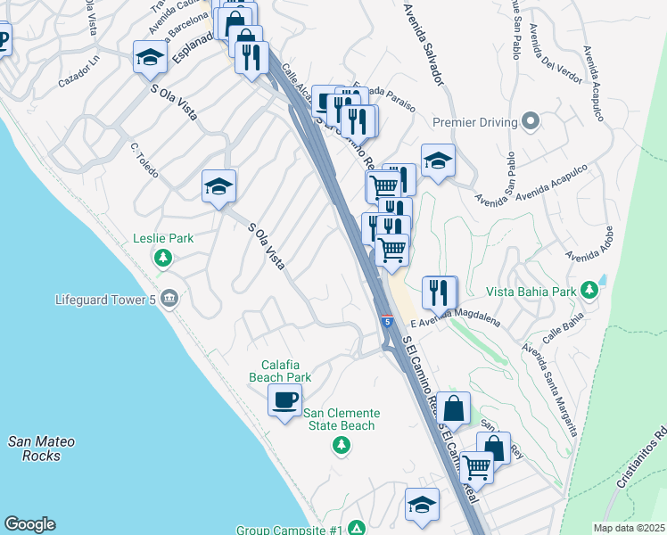 map of restaurants, bars, coffee shops, grocery stores, and more near 129 Calle Del Pacifico in San Clemente