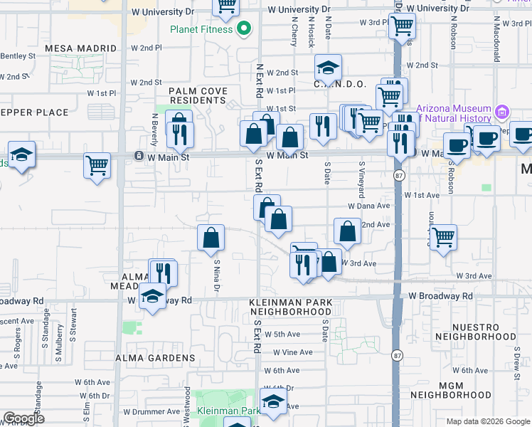 map of restaurants, bars, coffee shops, grocery stores, and more near 744 West Dana Avenue in Mesa