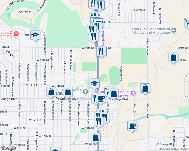 map of restaurants, bars, coffee shops, grocery stores, and more near 101 West College Boulevard in Roswell