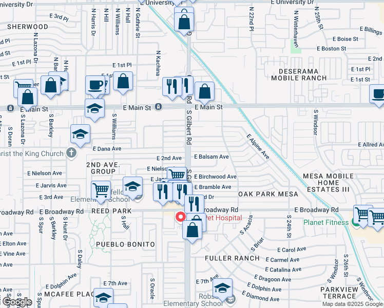 map of restaurants, bars, coffee shops, grocery stores, and more near 2023 East Aspen Avenue in Mesa