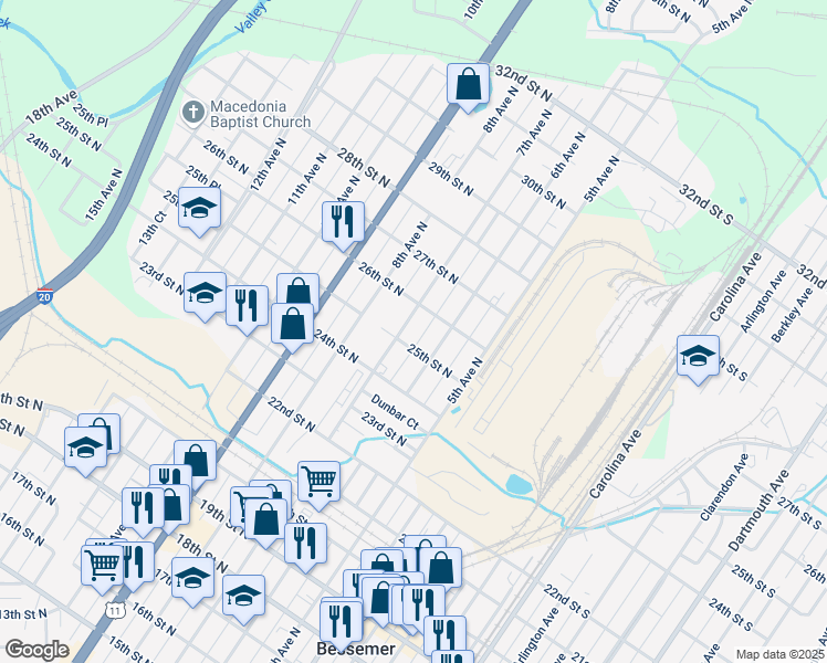 map of restaurants, bars, coffee shops, grocery stores, and more near 2521 7th Avenue North in Bessemer