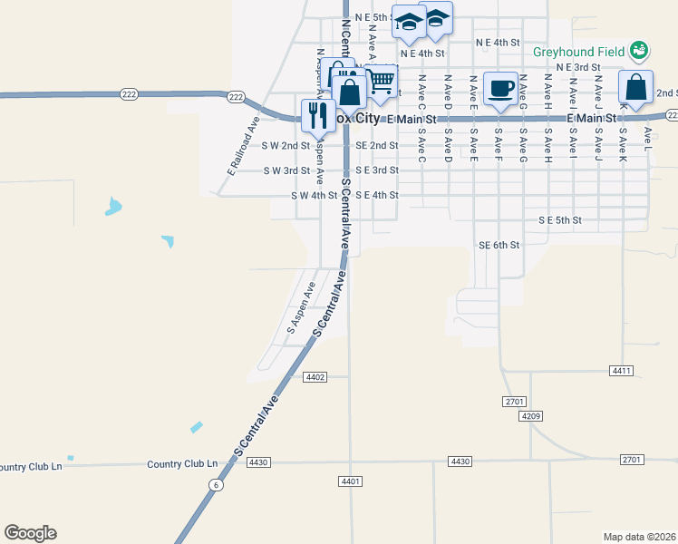 map of restaurants, bars, coffee shops, grocery stores, and more near 509 South Central Avenue in Knox City
