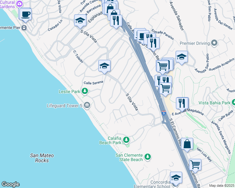 map of restaurants, bars, coffee shops, grocery stores, and more near 216 West Avenida Alessandro in San Clemente
