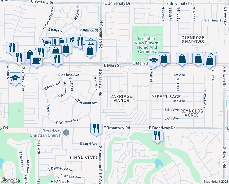 map of restaurants, bars, coffee shops, grocery stores, and more near 7807 East Main Street in Mesa
