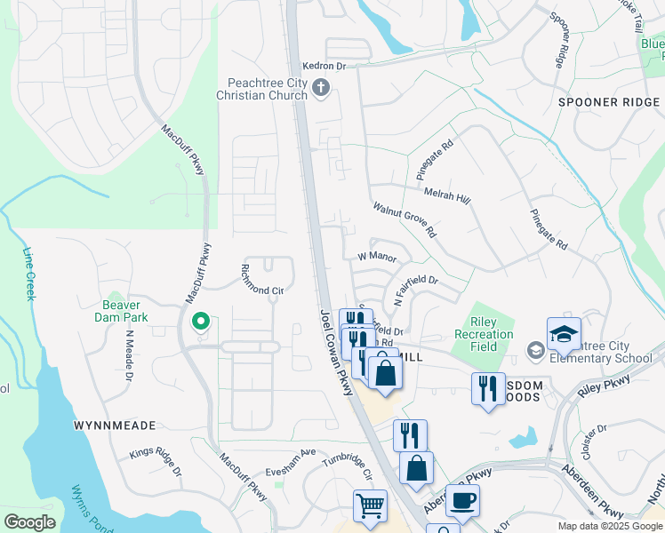 map of restaurants, bars, coffee shops, grocery stores, and more near 375 Georgia 74 in Peachtree City