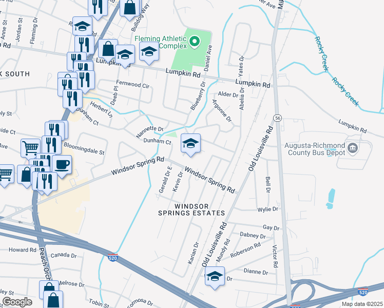 map of restaurants, bars, coffee shops, grocery stores, and more near 1820 Windsor Spring Road in Augusta