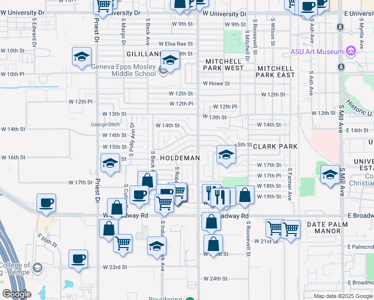map of restaurants, bars, coffee shops, grocery stores, and more near 900 West 16th Street in Tempe