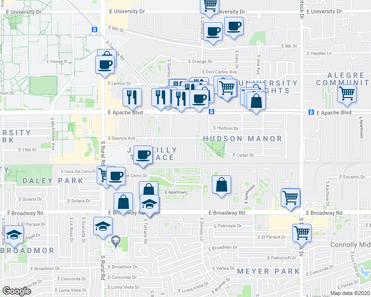 map of restaurants, bars, coffee shops, grocery stores, and more near 1421 South Stanley Place in Tempe